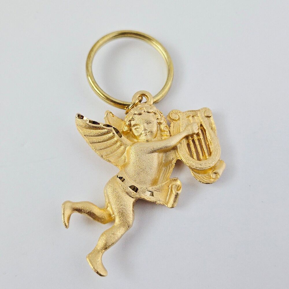 Vintage Gold Tone Metal Angel Cherub Keychain Playing Harp Purse Charm Keyring